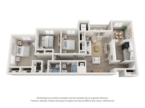 Floor plan for 3 beds, 2 baths, 1336 sqft
